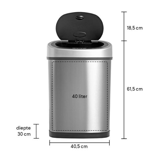 Homra Fonix sensor afvalemmer 40 liter - Zilver afmetingen