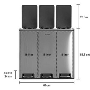 Homra Sparq Trio Pedaalemmer 54 liter (3x18 liter) - RVS afmetingen