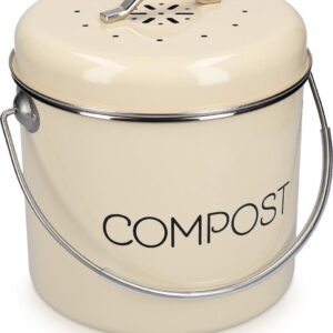Navaris metalen compostbak 3L - Afvalbakje met 3x filter tegen vieze geuren - Prullenbak met deksel voor gft-afval - Compostemmer keuken - Cr�me