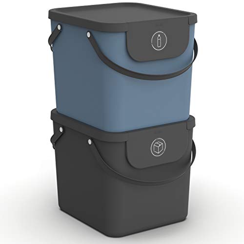 Rotho Albula Set van 2 afvalscheidingssystemen 40l voor de keuken, Kunststof (PP) BPA-vrij, antraciet/blauw, 2 x 40l (40.0 x 35.8 x 34.0 cm)